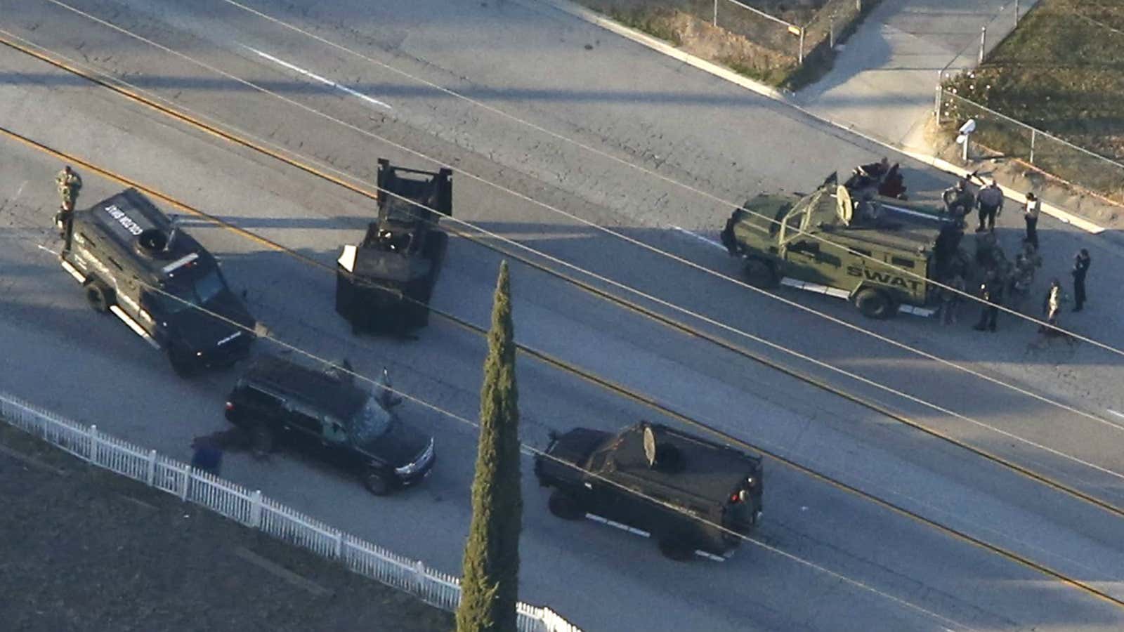 An aerial view of the SUV where two suspects were shot.
