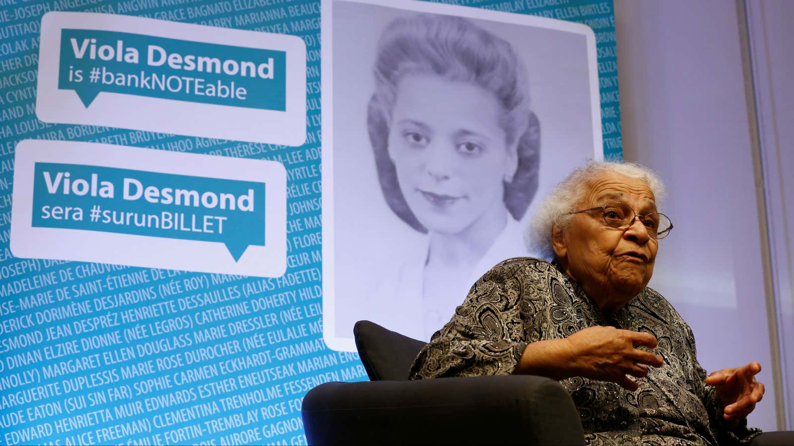 Viola Desmond, a Canadian civil rights hero, will be represented on $10 bills later this year. She passed away in 1965, and her sister Wanda Robson represents her in this meeting.