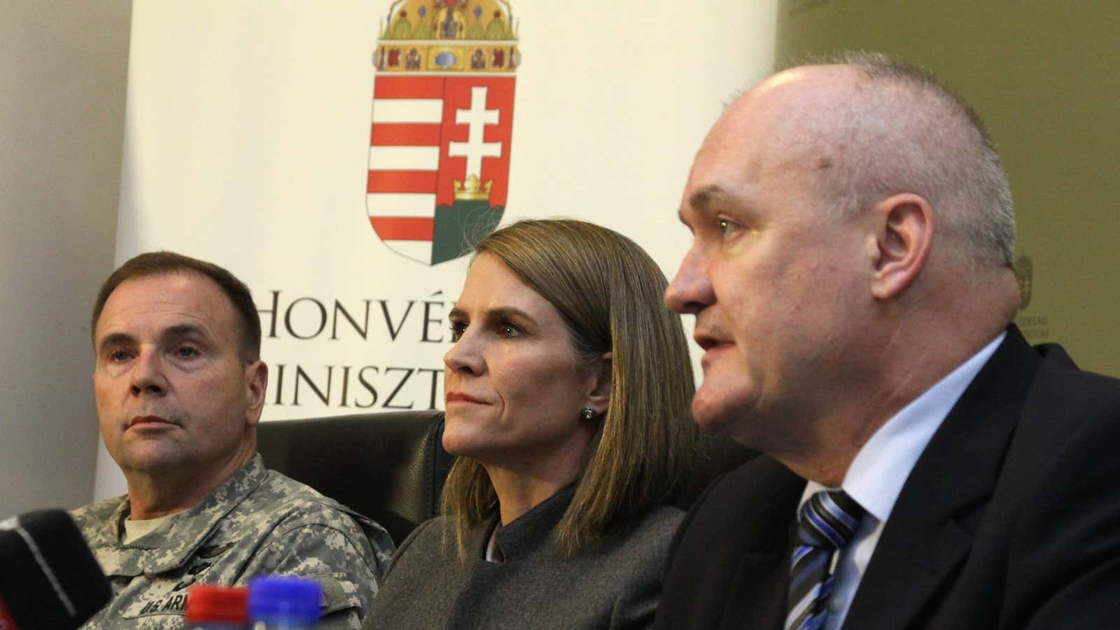 From left to right: U.S. Army Europe’s commander Lt. Gen. Frederick Hodges, United States Ambassador to Hungary Colleen Bell and Hungarian Defense Minister Csaba Hende as they give a press conference after attending the NATO military exercise. (AP Photo/Lajos Nagy)
