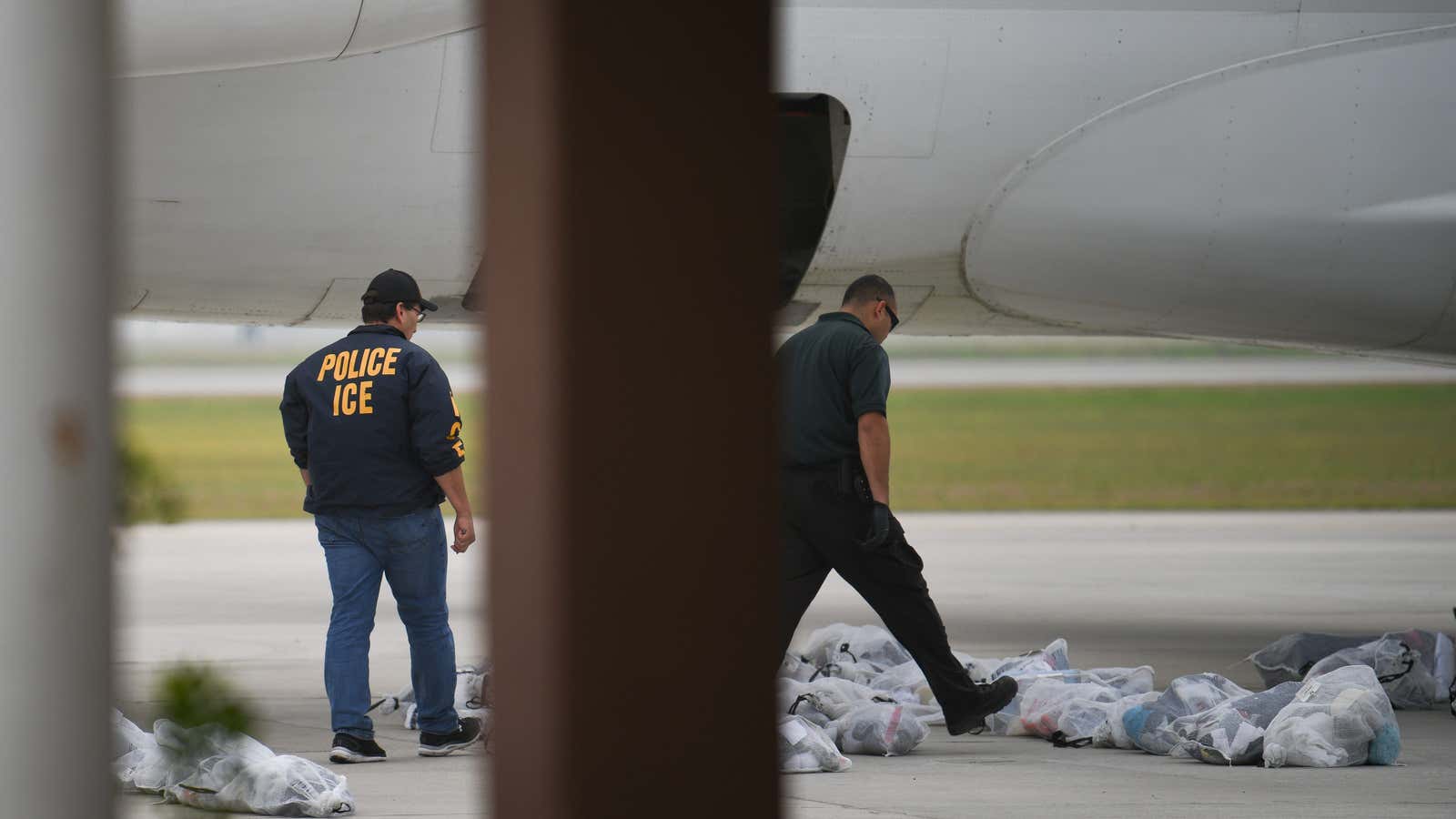 An ICE deportation flight prepares to leave Brownsville, Texas.
