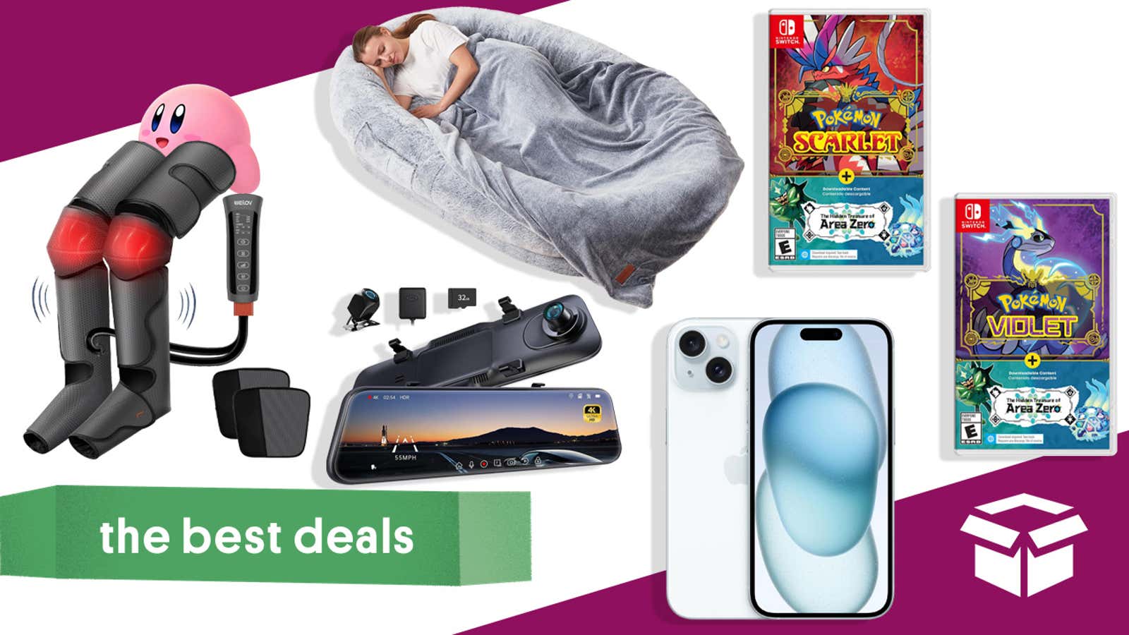 Image for Best Deals of the Day: Pokémon Scarlet & Violet, iPhone 15, Mirror Dash Cam, Leg Massager, Human Dog Bed & More