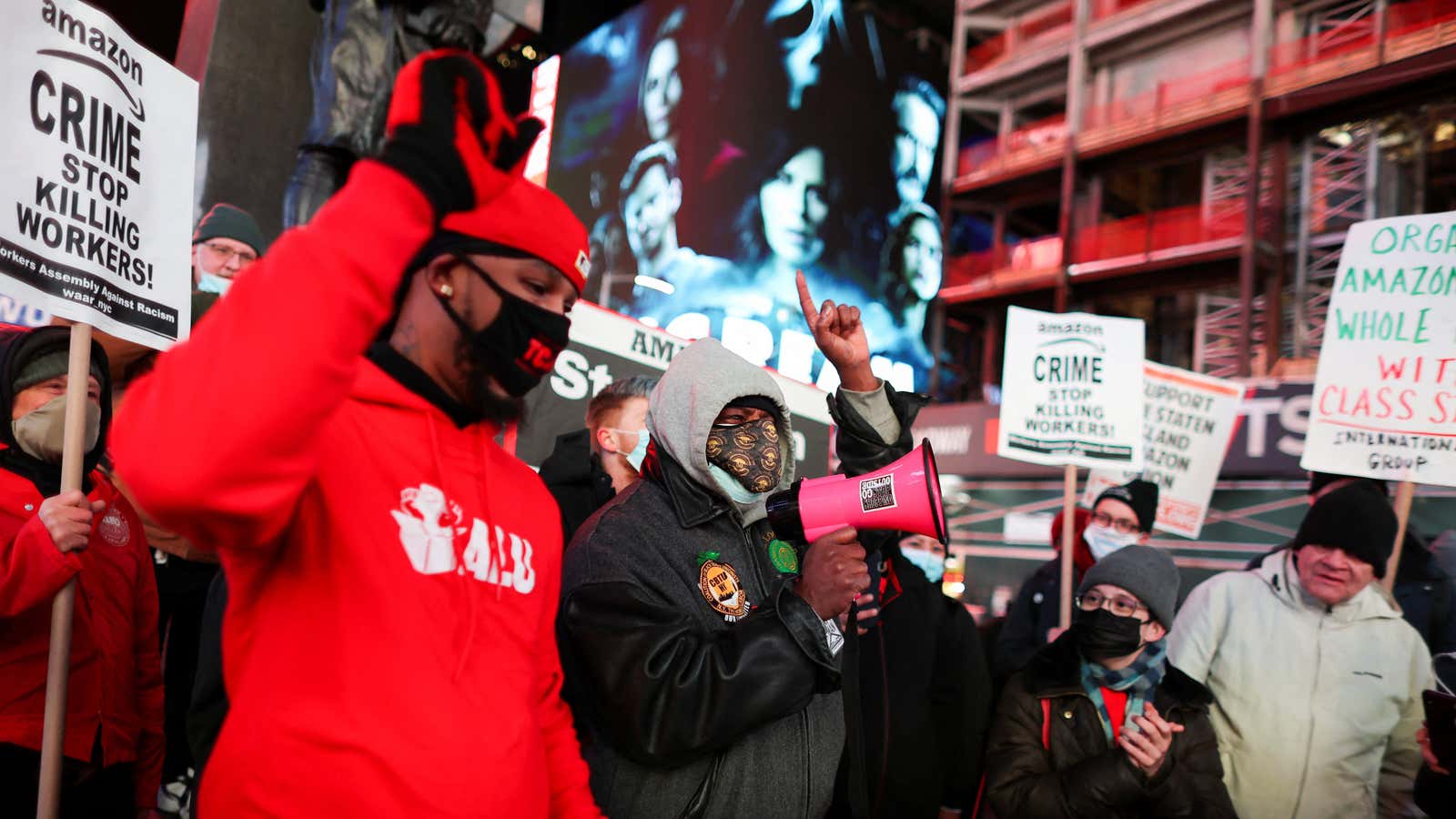 Amazon workers protest in Times Square.