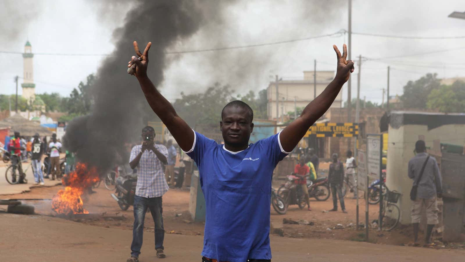 Protesters demonstrate against an ongoing military coup in Ouagadougou, Burkina Faso.