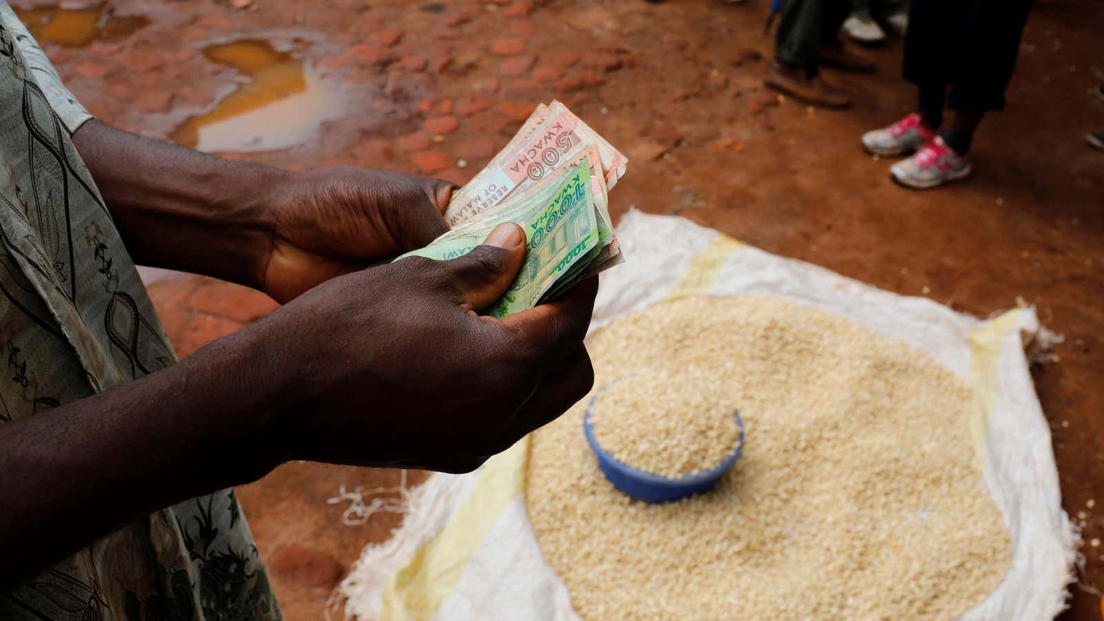 Cash still rules. A Malawian trader counts money as he sells maize near Lilongwe, Malawi