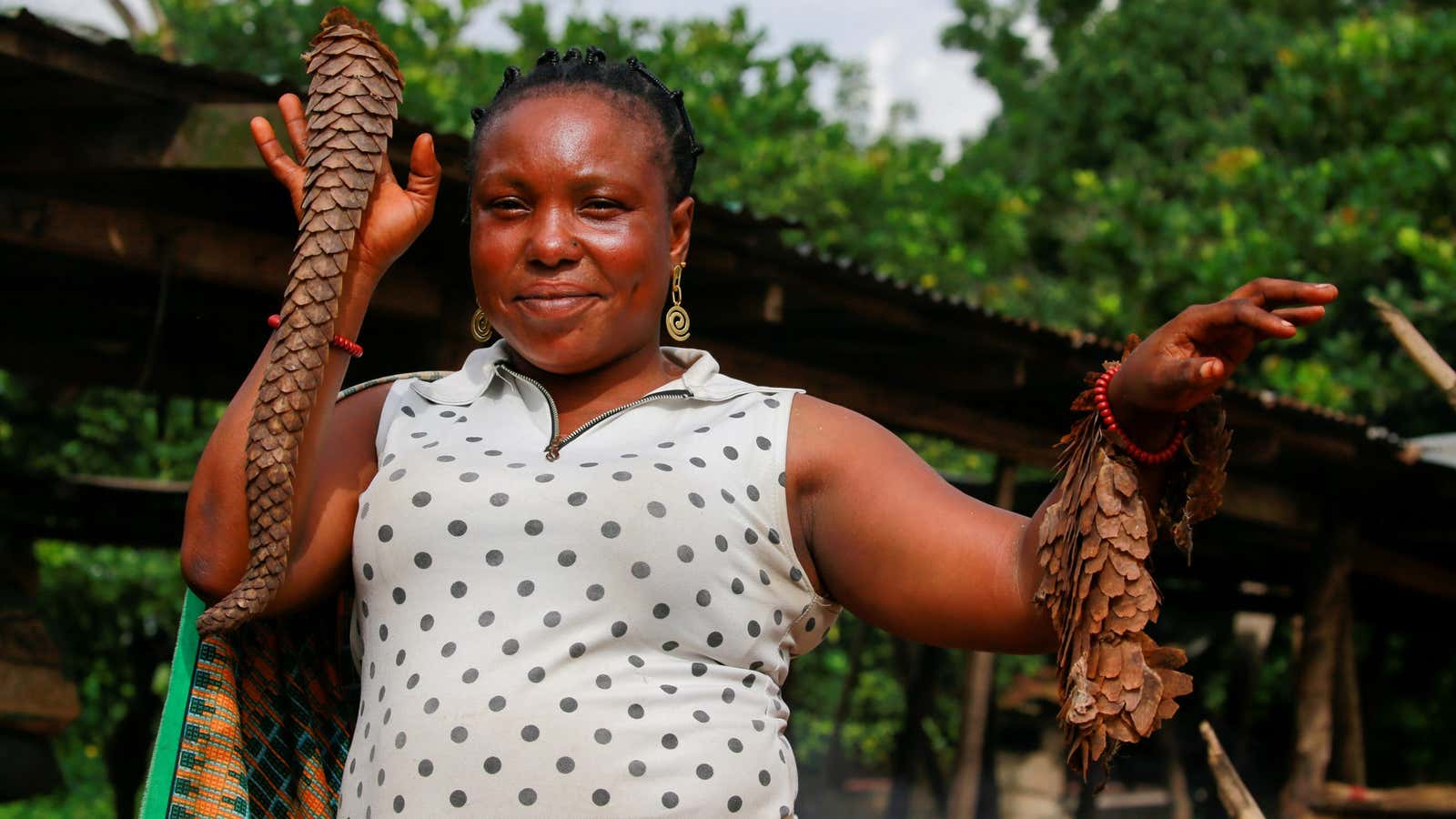 A bushmeat seller poses with scales of pangolin at a bushmeat market in Ondo, Nigeria