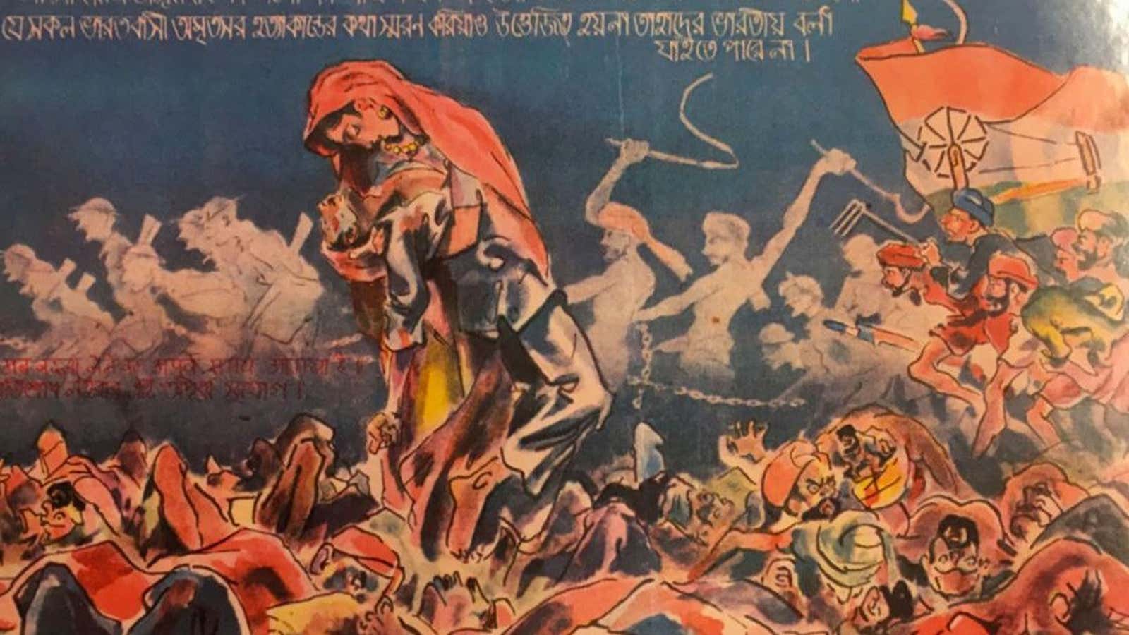 A woman, perhaps the embodiment of Mother India, holds a dying man admist a sea of bodies at the Jallianwalah Bagh massacre, 1919. The text in Hindi and Bengali reads, “Any Indian whose blood doesn’t boil at the memory of the Amritsar massacre cannot be called an Indian. This is the golden opportunity for revenge.”