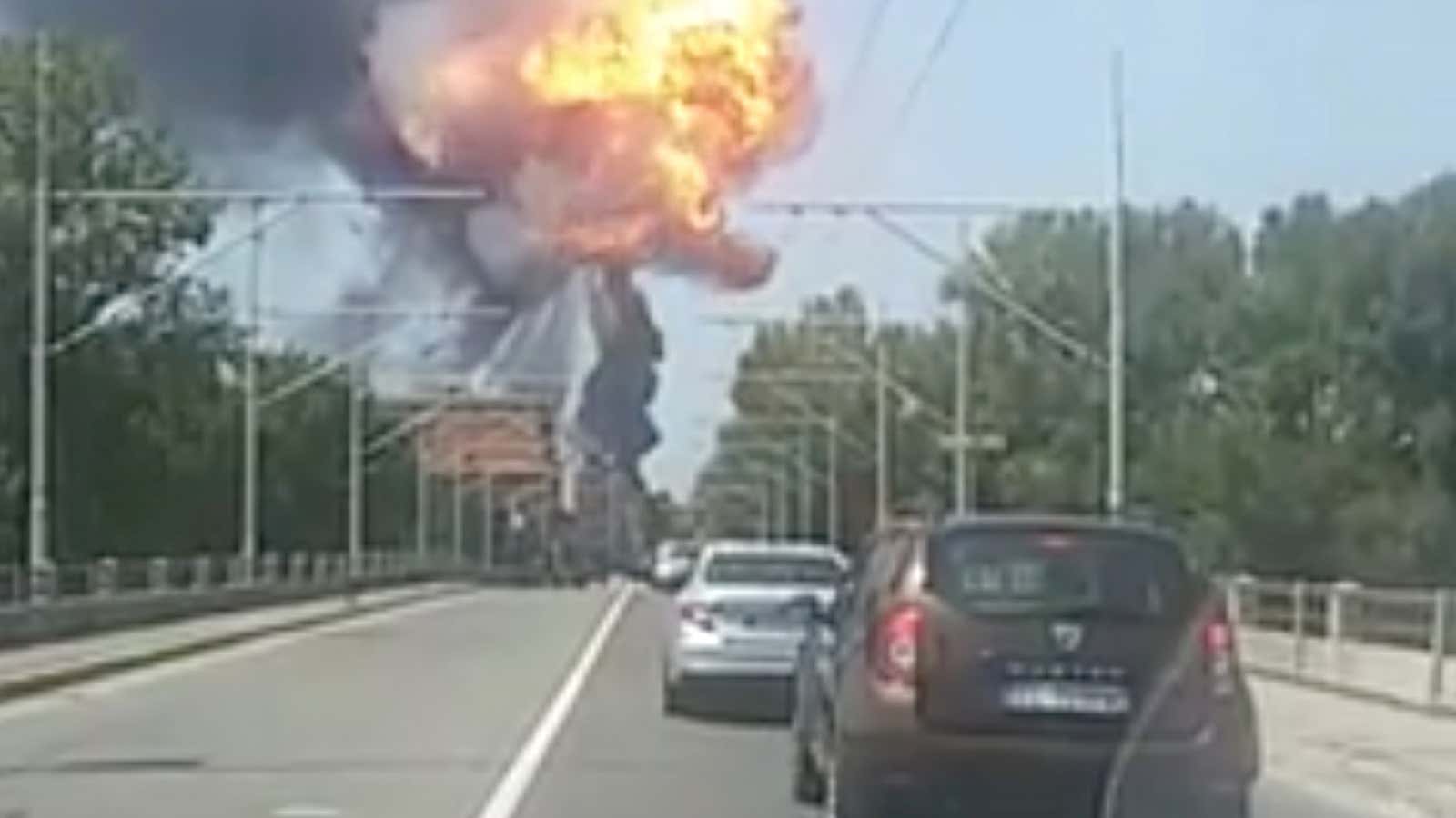 An explosion is seen at Borgo Panigale, on the outskirts of Bologna, Italy on Aug. 6, 2018.
