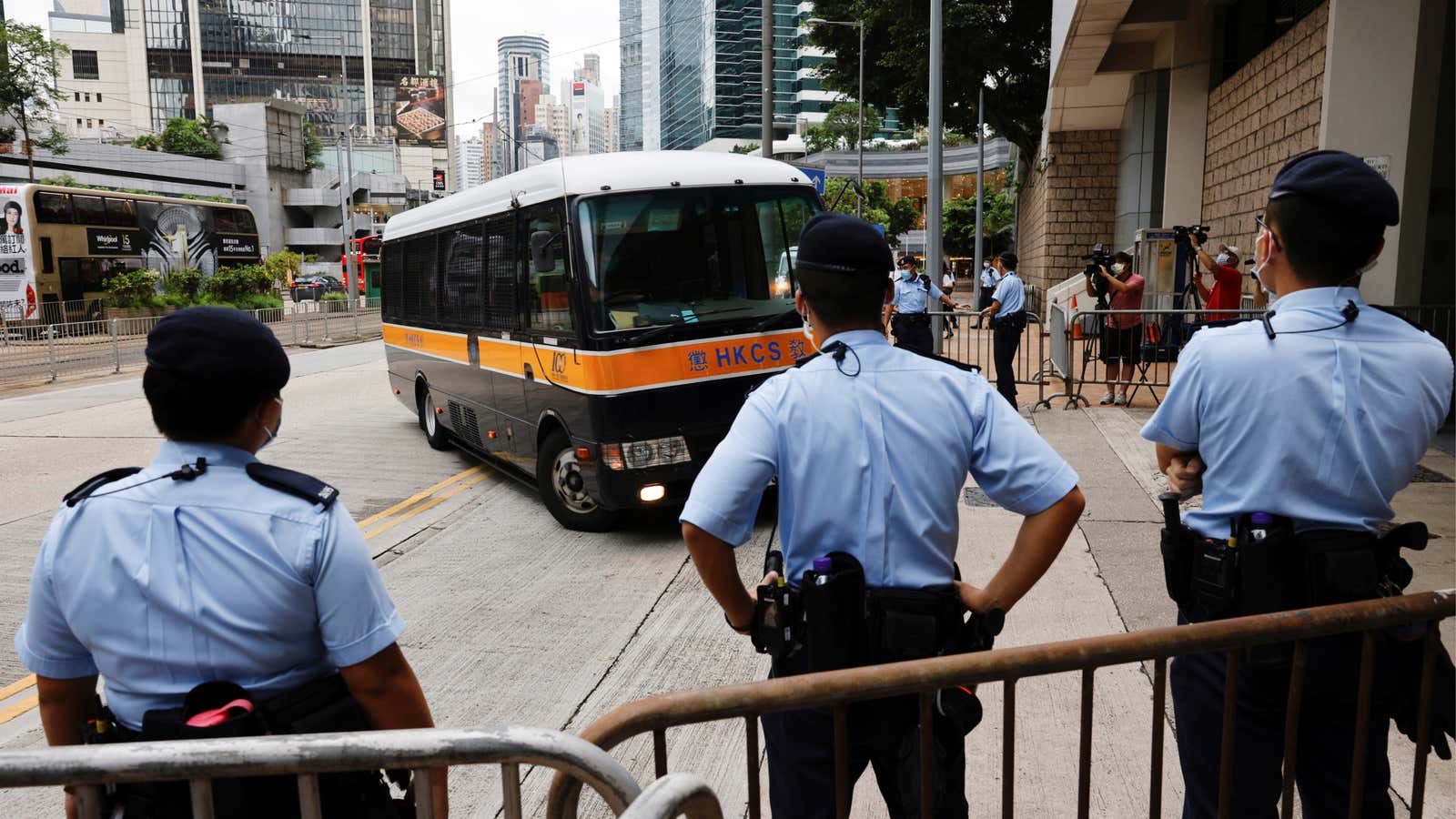 A prison van arrives High Court on the first day of trial of Tong Ying-kit, the first person charged under a new national security law,…