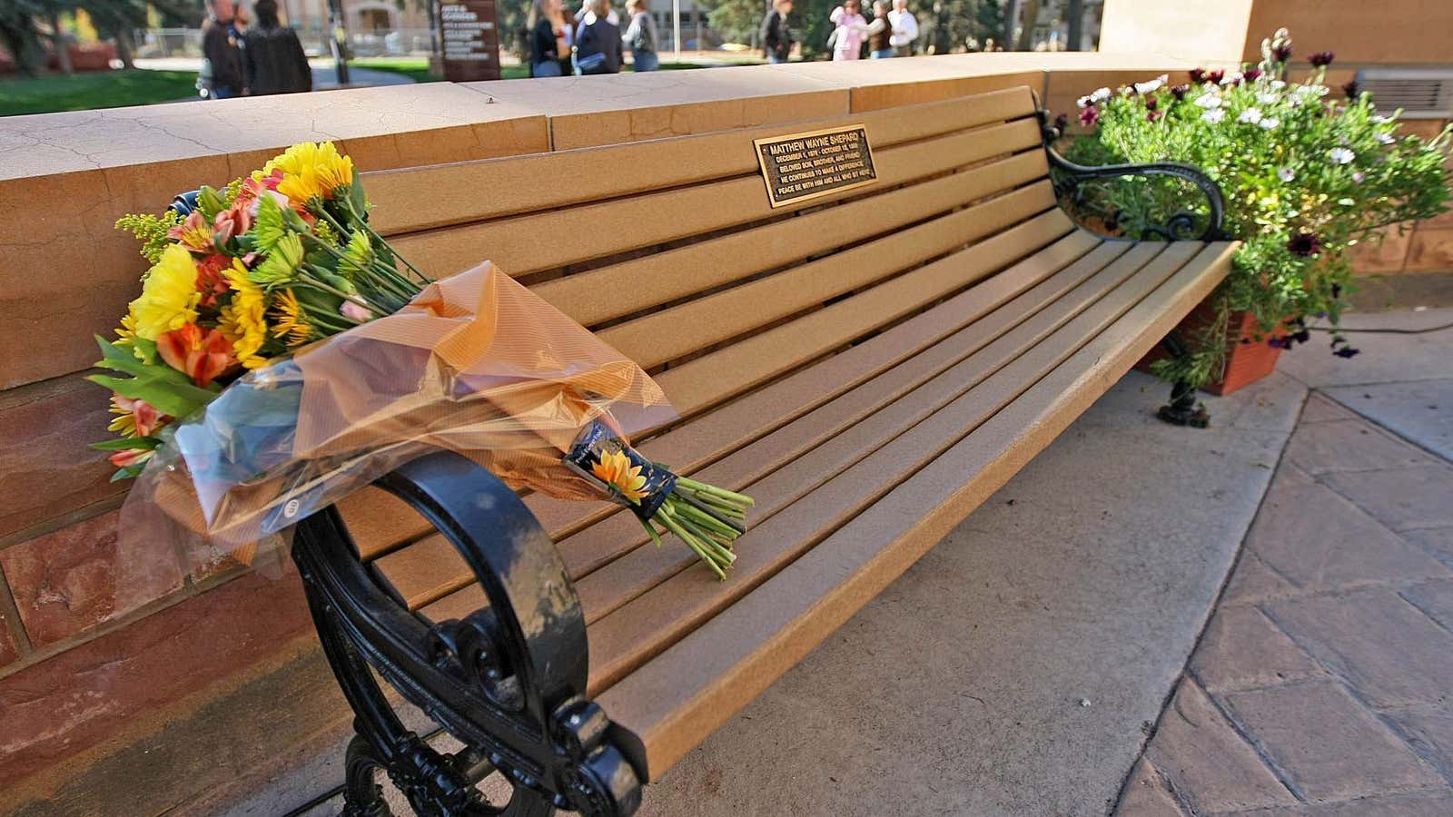 The Matthew Shepard Memorial Bench at the University of Wyoming.