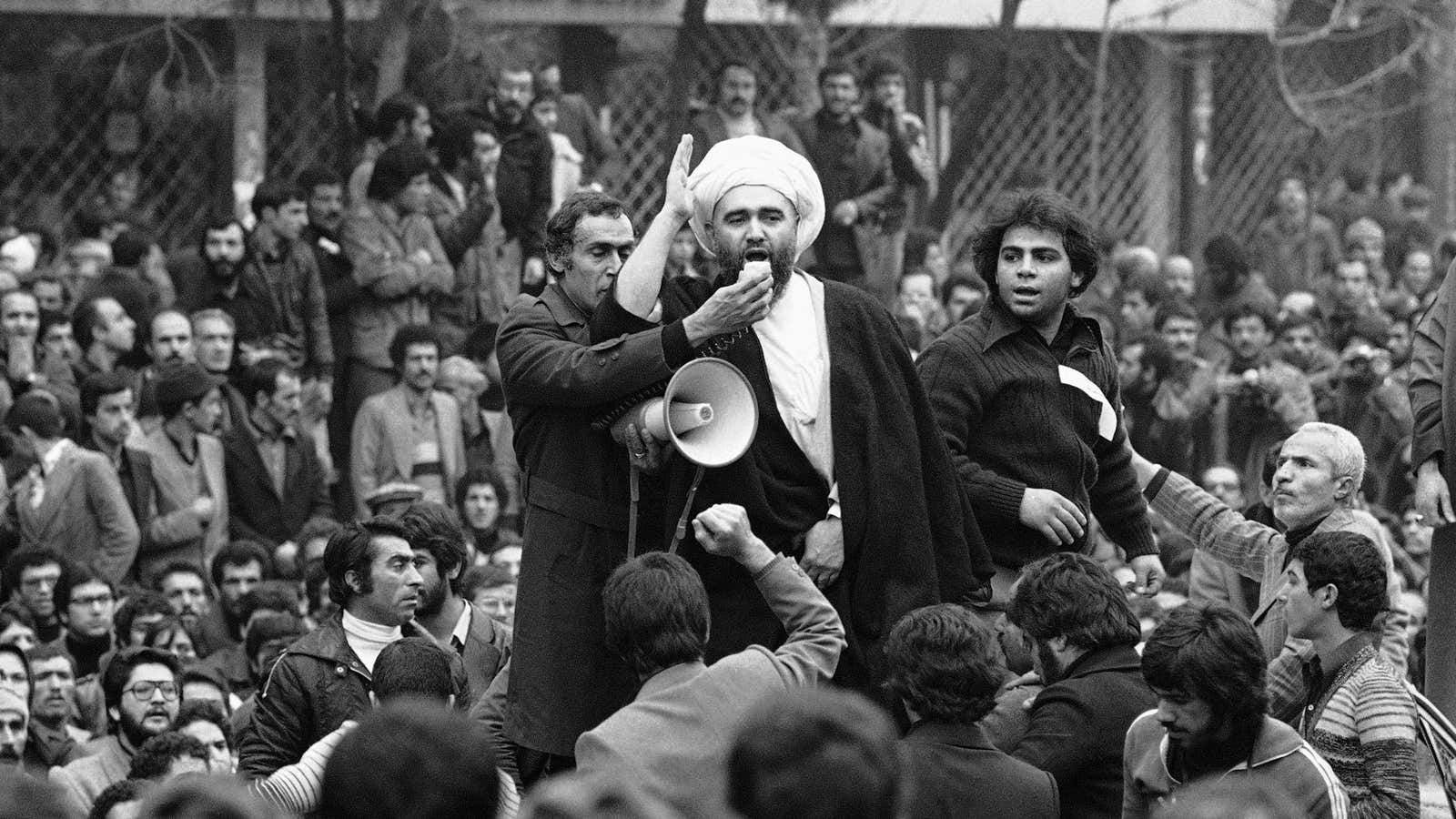 Mullahs lead anti-Shah chants during the second mass demonstration in Tehran on Dec. 11.