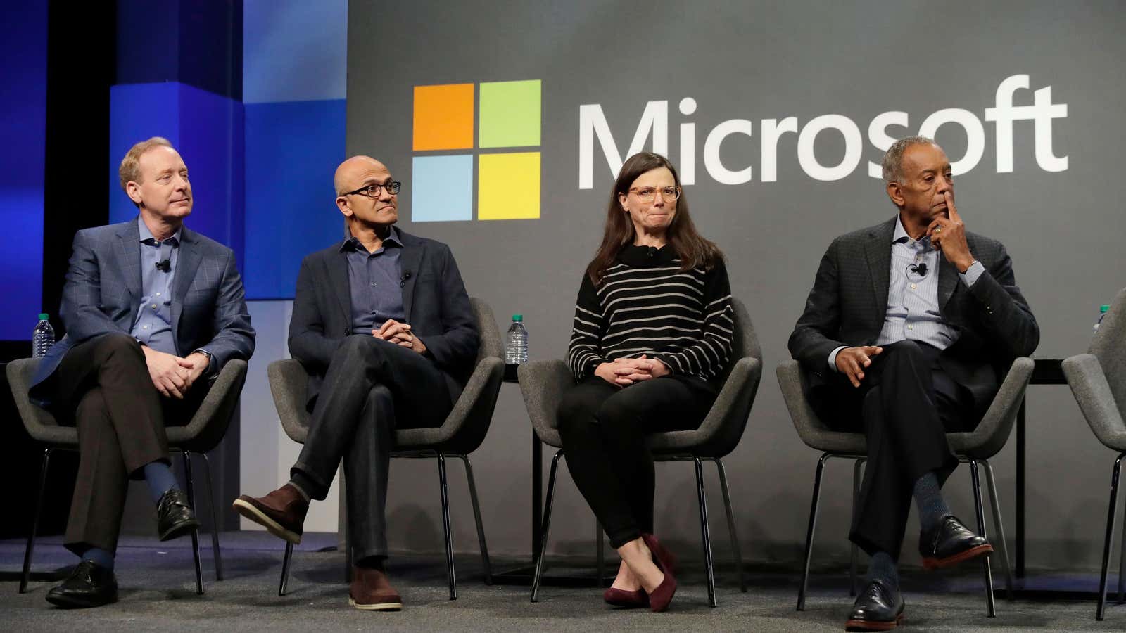 From left, Brad Smith, Microsoft President and Chief Legal Officer, CEO Satya Nadella, CRO Amy Hood, and Chairman John Thompson.