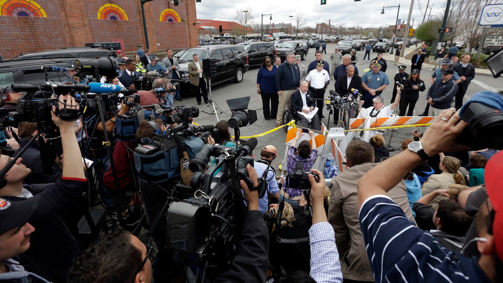 Massachusetts governor Deval Patrick speaking to the media during the manhunt in Watertown.