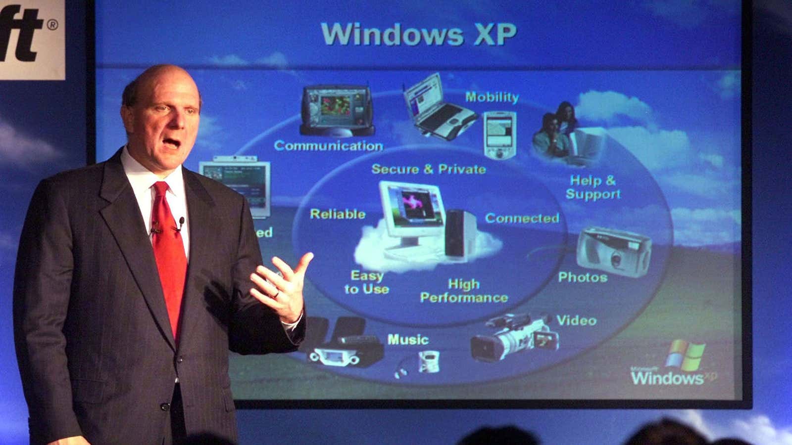 The end of support for Steve Ballmer’s XP—shown here in 2001—could be a big problem for US banks.