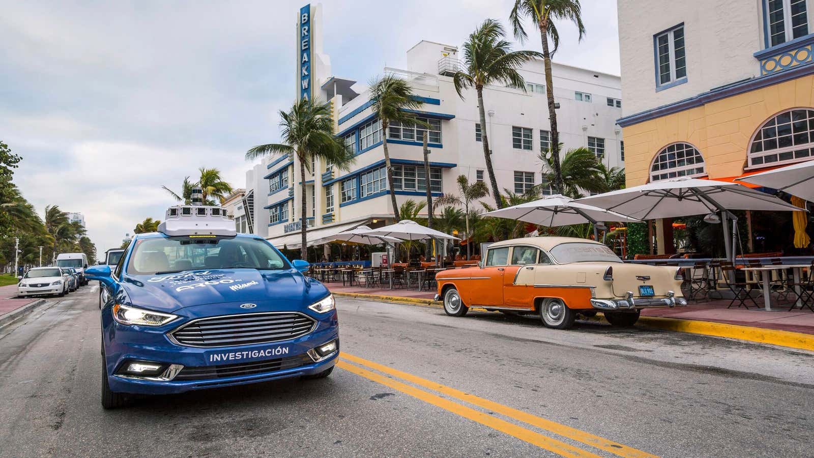 A Ford autonomous vehicle roaming the streets of Miami.