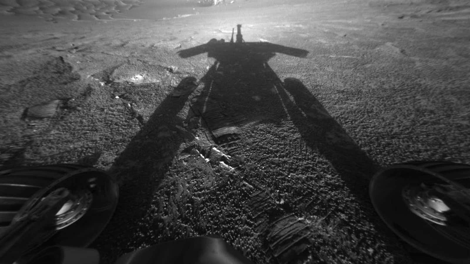 Opportunity gets a glimpse of its own shadow in 2004.