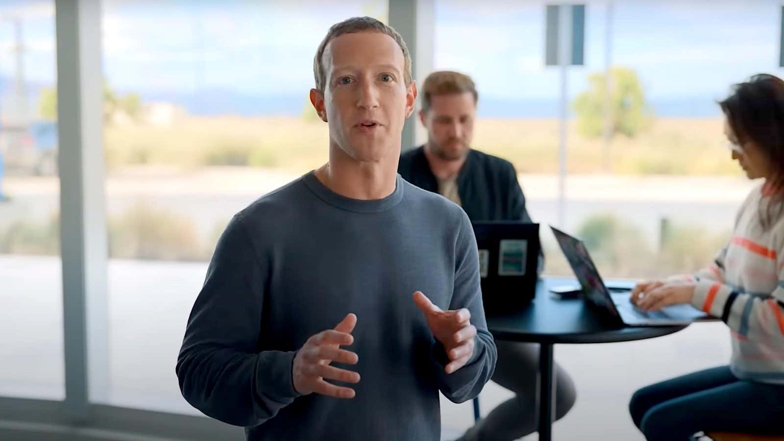 Mark Zuckerberg walking past Meta staff during his Meta Connect keynote video 