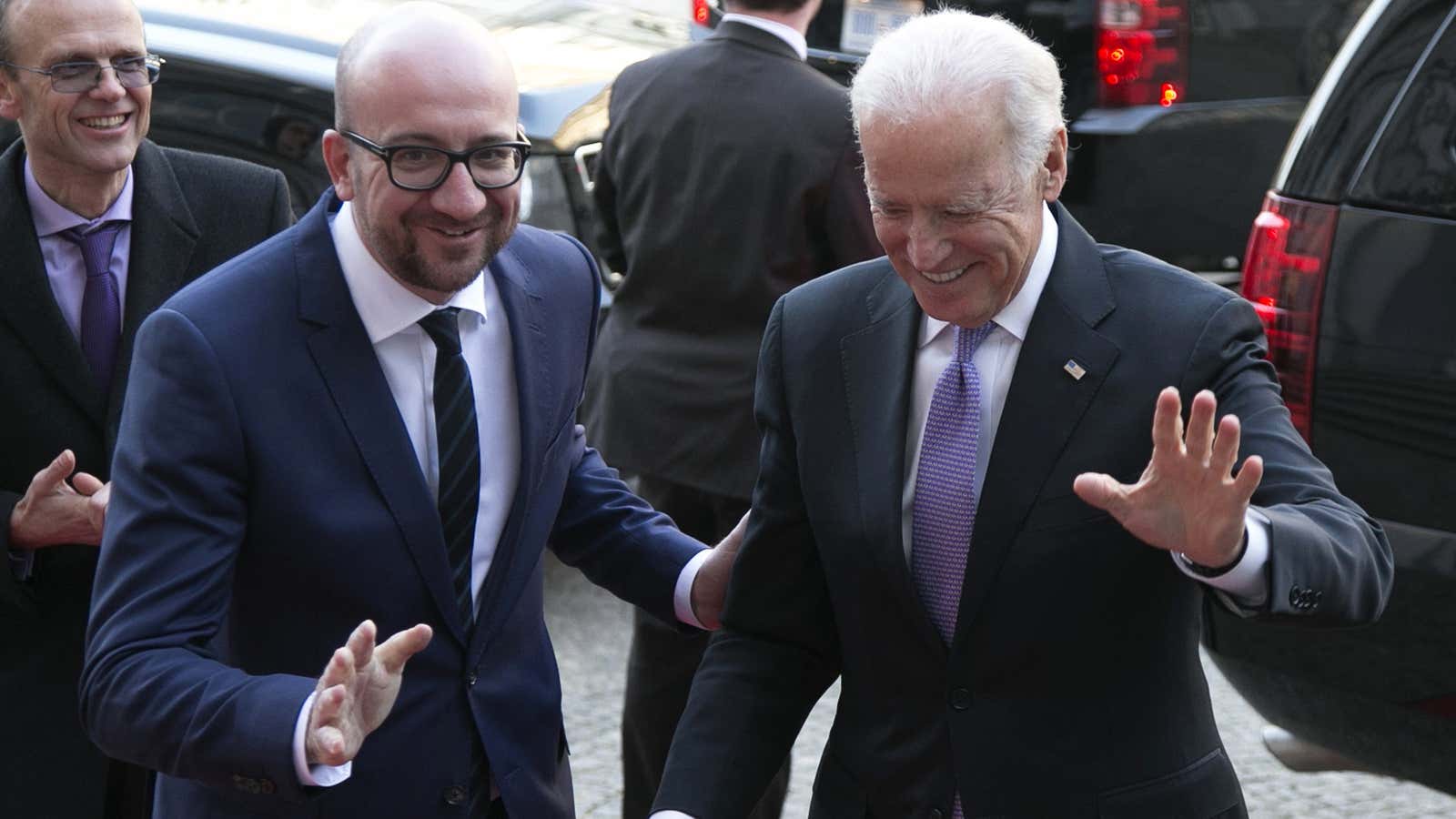 Biden with Charles Michel, then Belgium’s prime minister, now European Council president. Biden’s long career in politics gives him an advantage: he knows everyone and everyone knows him.