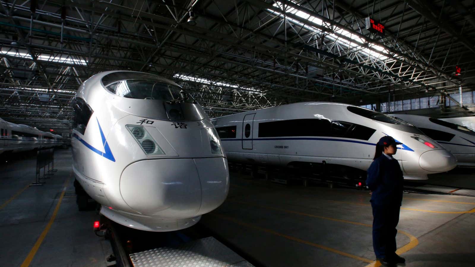 High speed railway trains at a production line in China CNR’s factory in Hebei province.