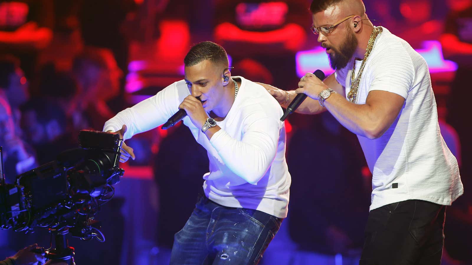 German rappers Kollegah and Farid Bang on stage.