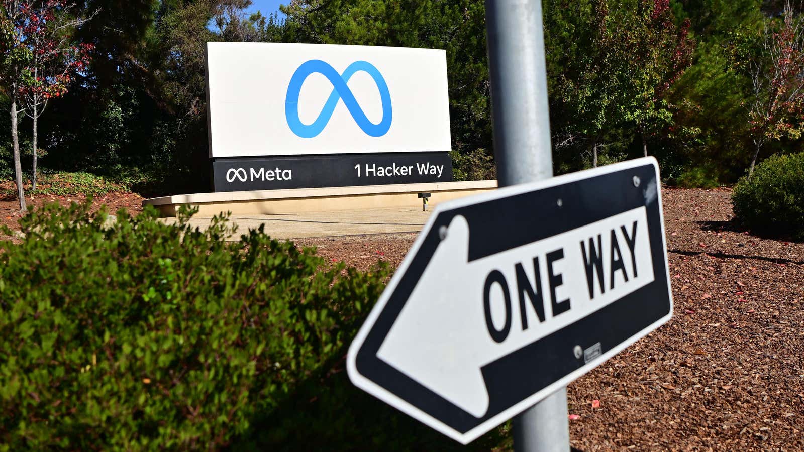 The Meta company sign at its Menlo Park, California headquarters. 