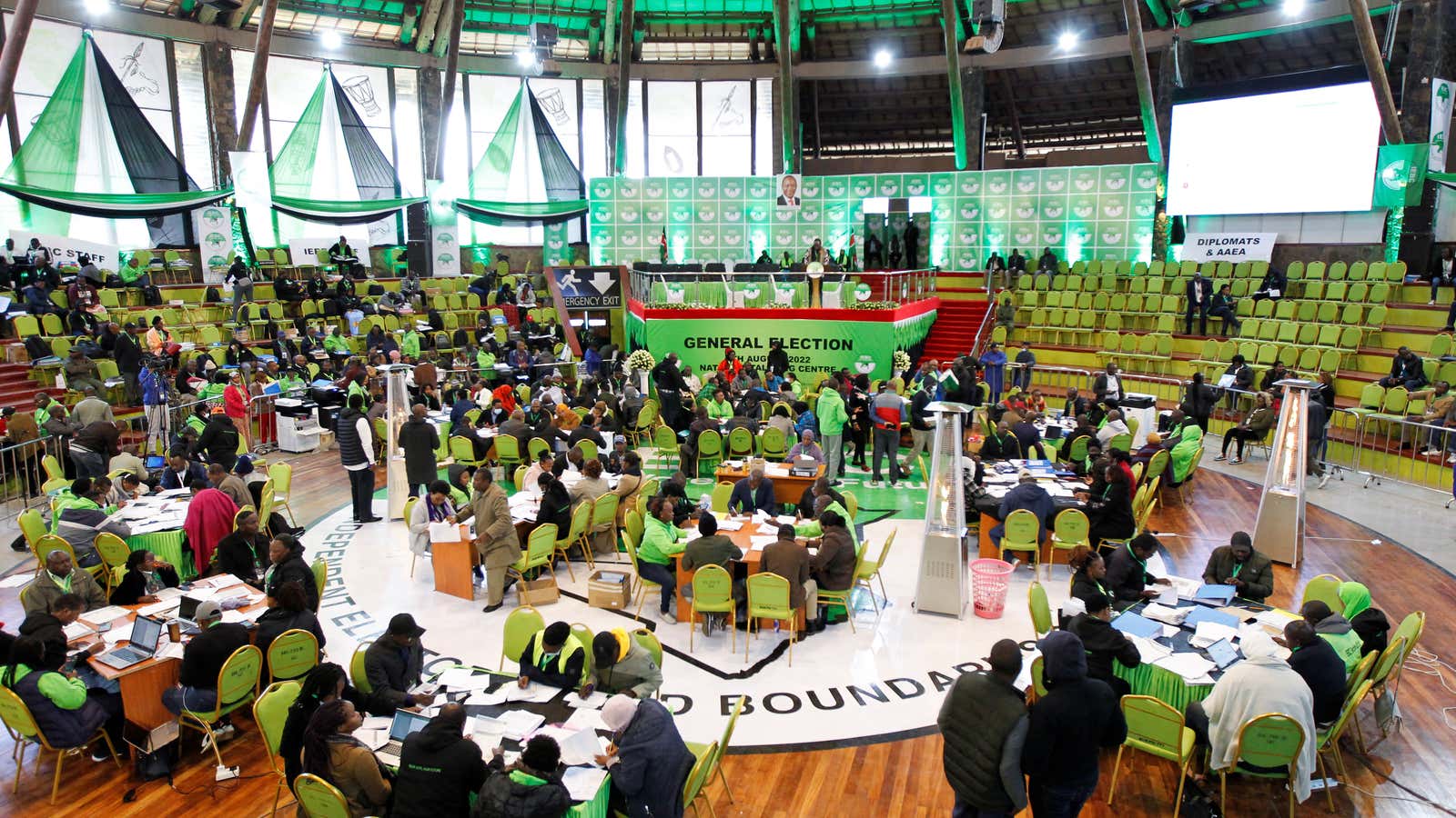 Various political parties&#39; delegates and officials from the IEBC meet at the national tallying centre at the Bomas of Kenya, in Nairobi on Aug. 13, 2022
