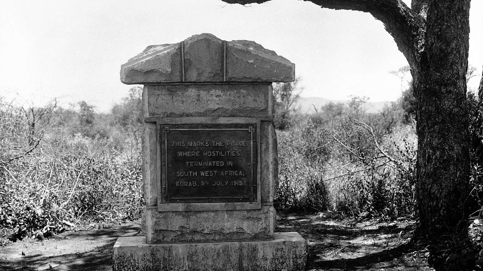 A commemoration stone at Korab, South West Africa, that marks the place where hostilities ceased in World War One between the British and German forces.