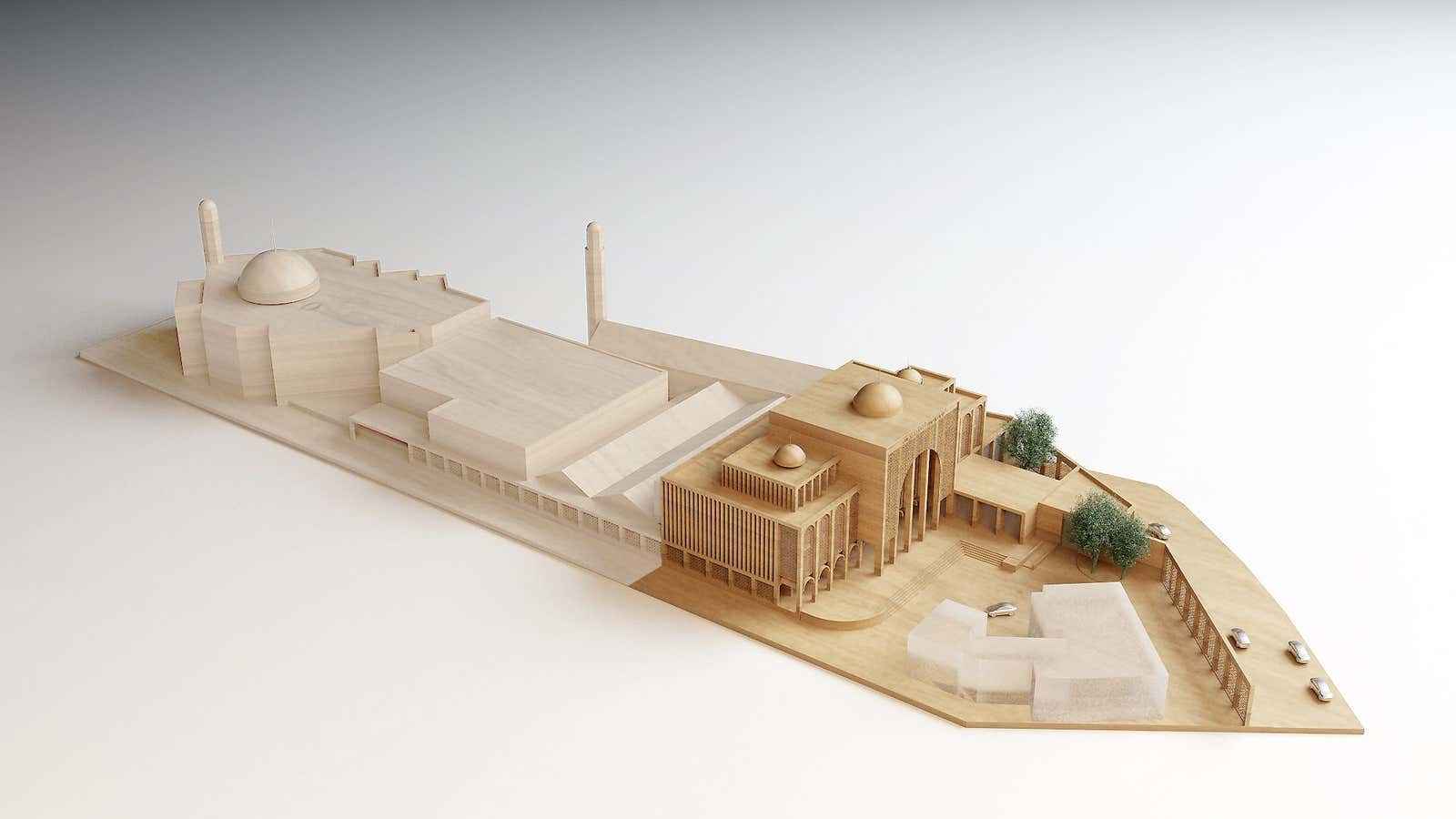 A model of the Baitul Futuh redesign, showing the colonnaded front with its porous screens.