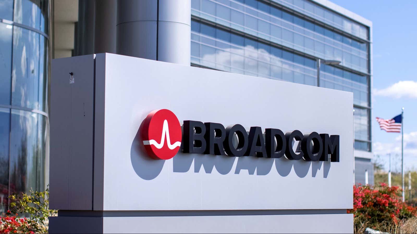 The Broadcom company logo is shown outside one of their office complexes in Irvine, California.