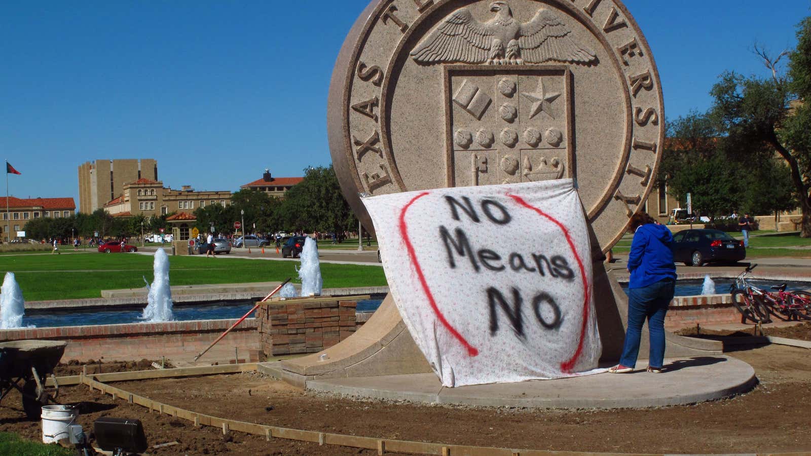 A response to a fraternity in Texas that made a banner saying “No means yes, yes means anal.”
