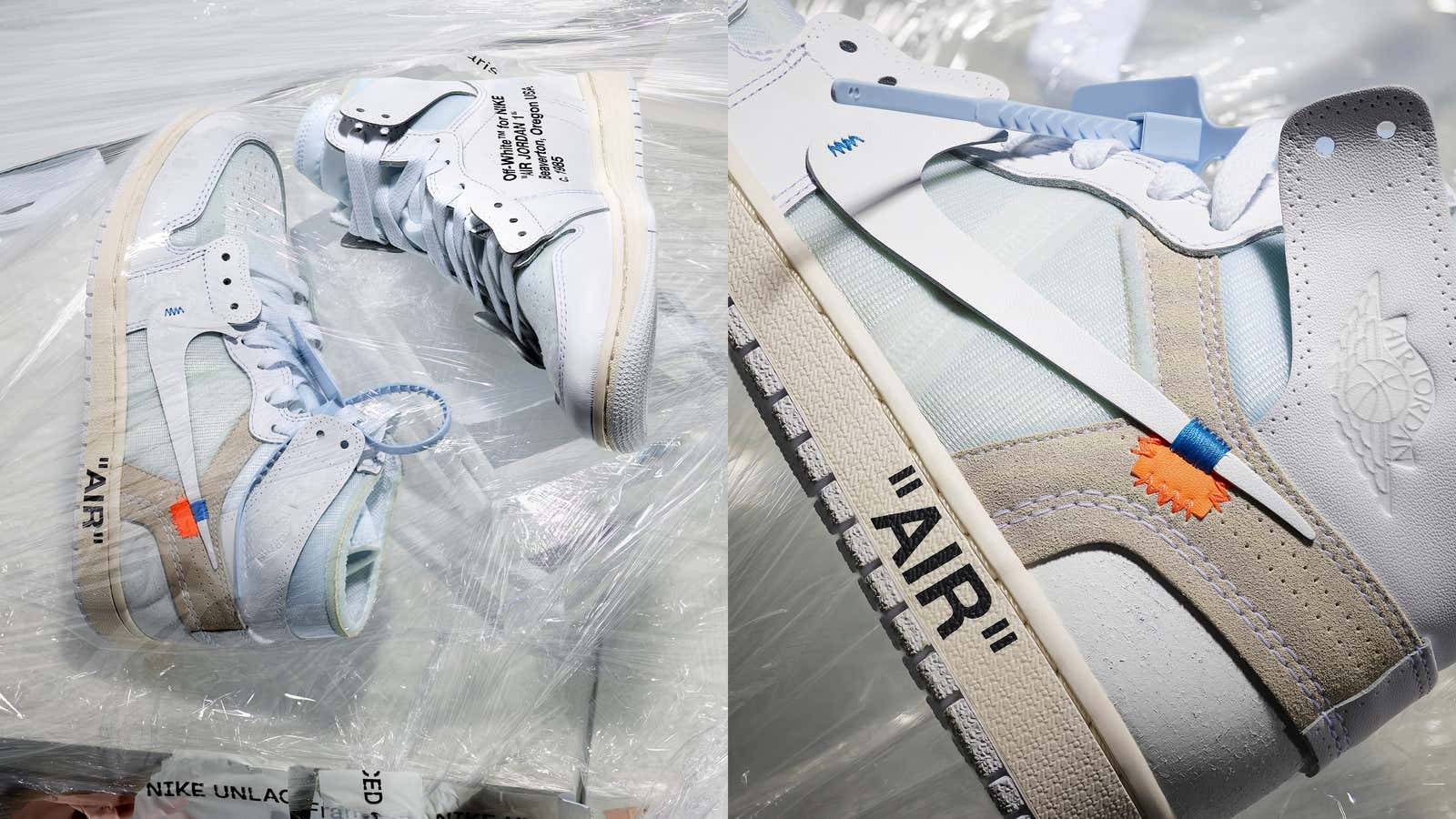 Jordan 1s from Nike’s “The Ten” collaboration with Virgil Abloh, now coming in in more sizes for women.