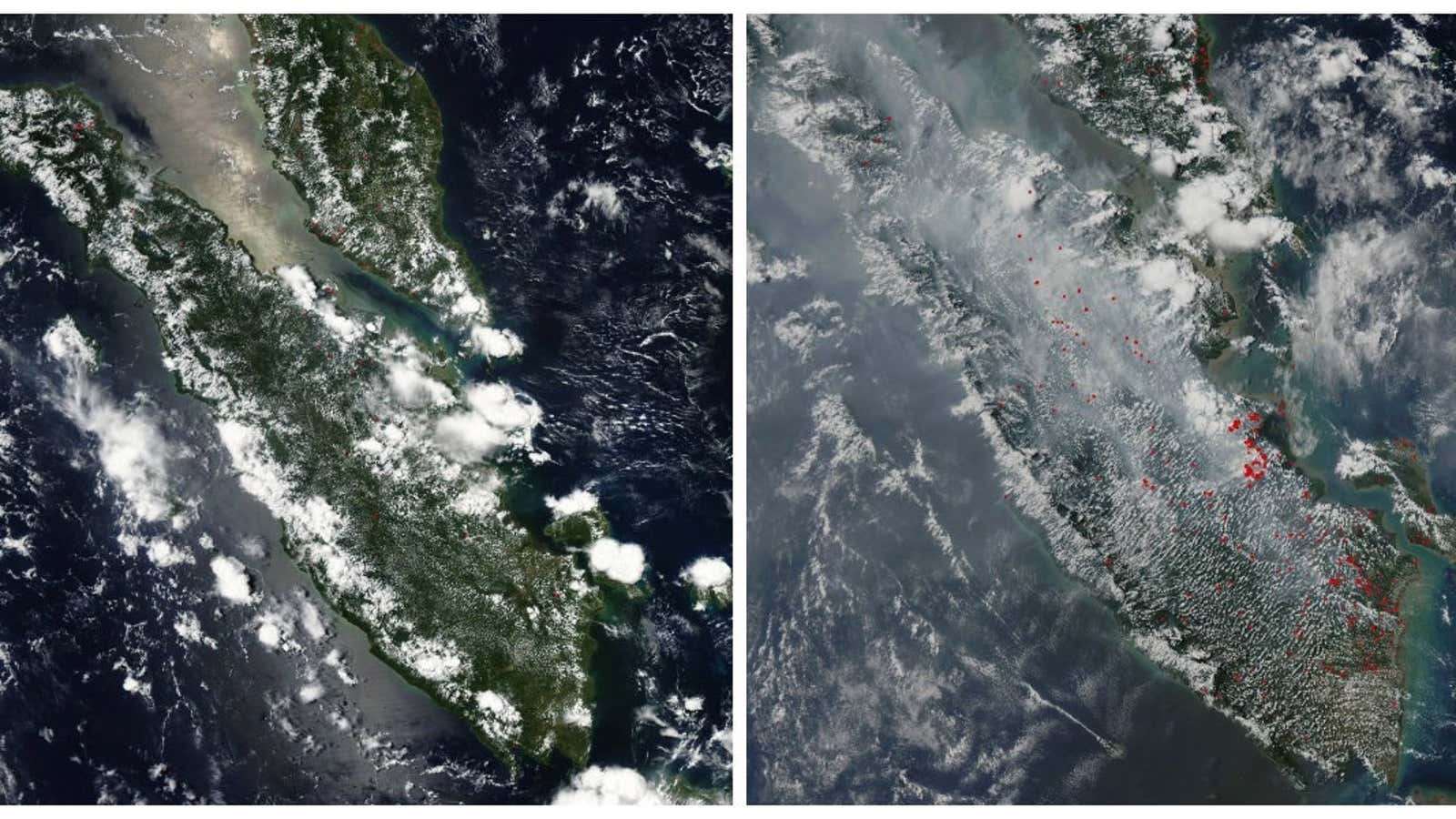 Sumatra from above on April 4 and Sept. 4 (right).
