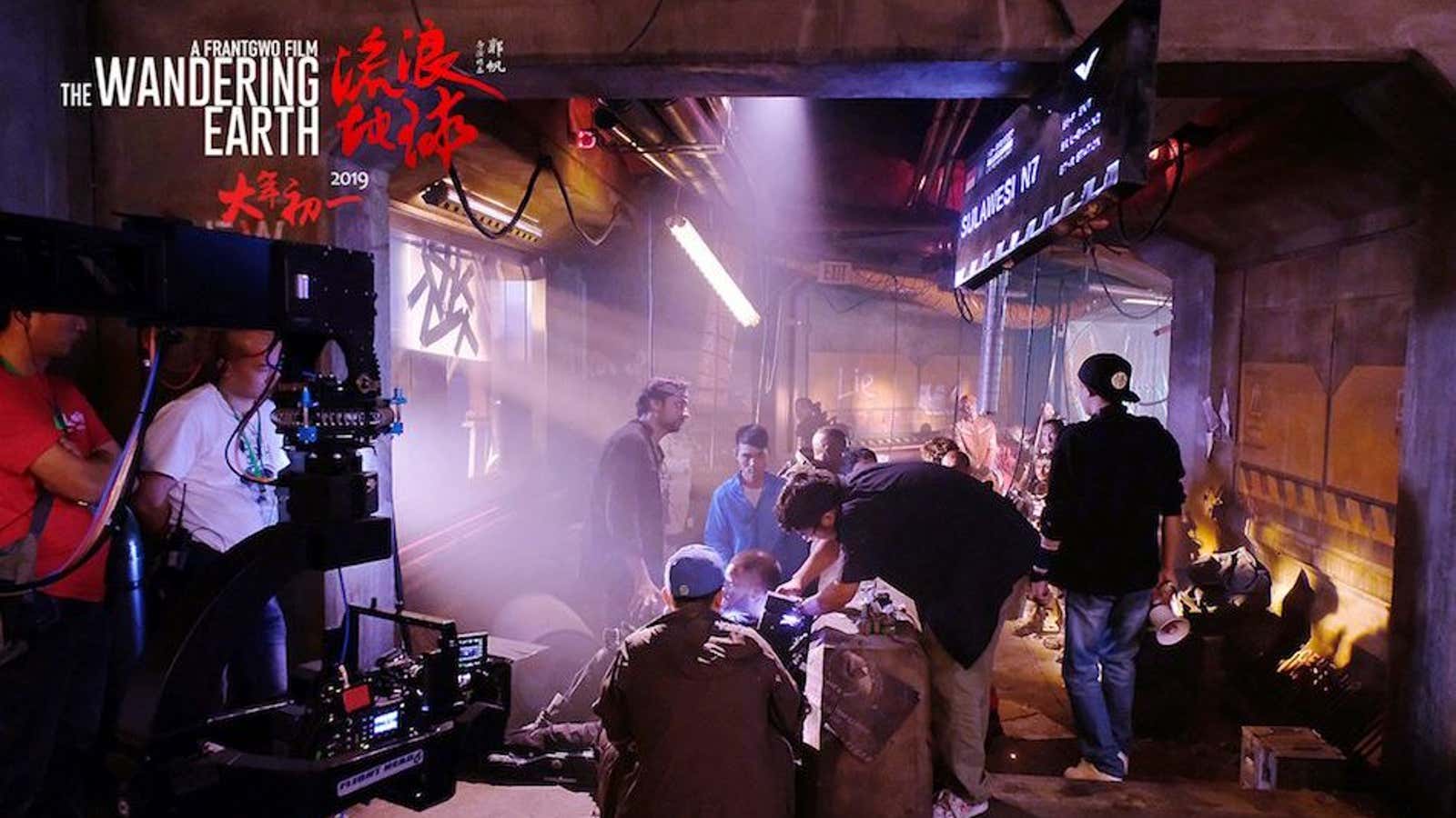 On the set of China’s “The Wandering Earth.”
