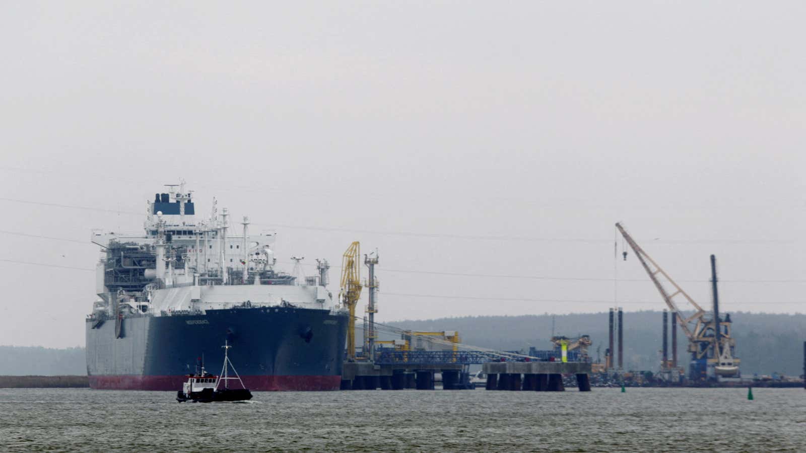 The “Independence,” a floating gas storage unit, docked at the LNG terminal in Klaipeda, Lithuania.