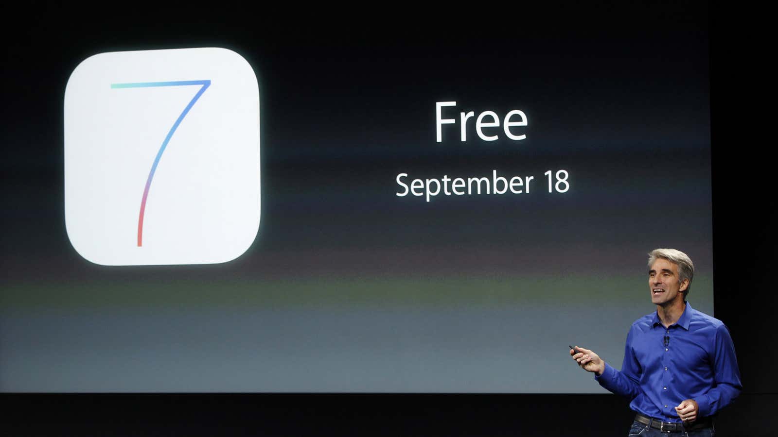 Apple’s Craig Federighi talks about iOS7 at the company’s event in Cupertino, California.