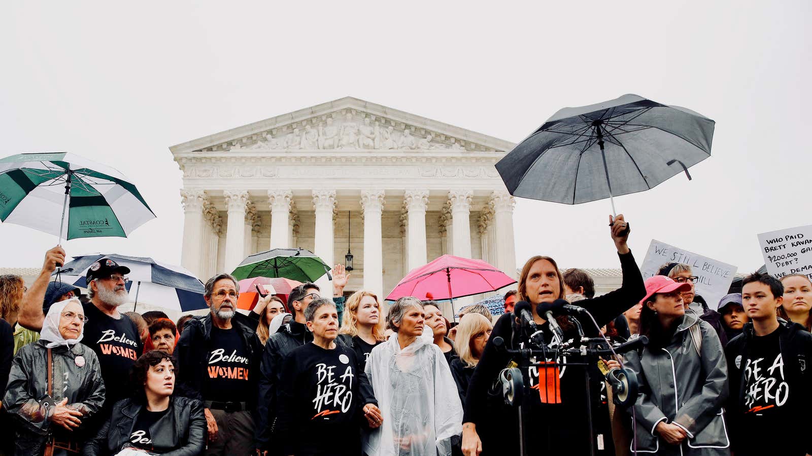 Demonstrators take part in a protest against US Supreme Court nominee Brett Kavanaugh.