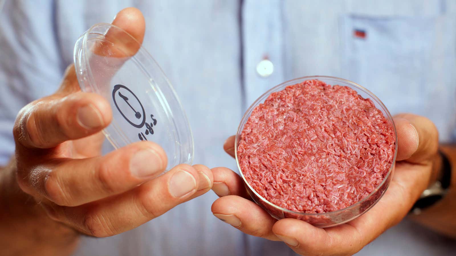 A lab-grown beef patty—minus the cow.