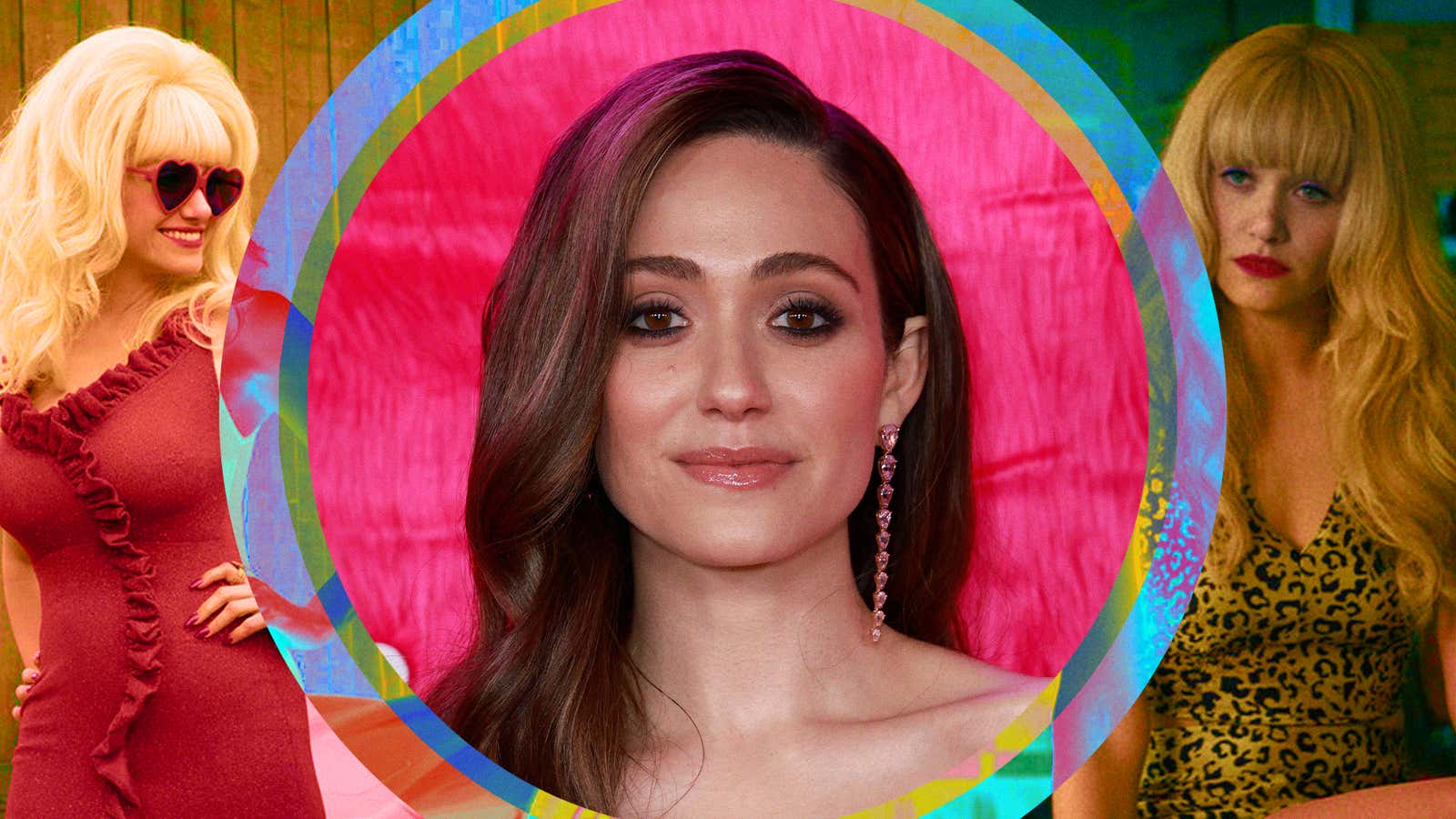 Center: Emmy Rossum (Frazer Harrison/Getty Images); left and right: Emmy Rossum in Angelyne (Isabella Vosmikova/Peacock)