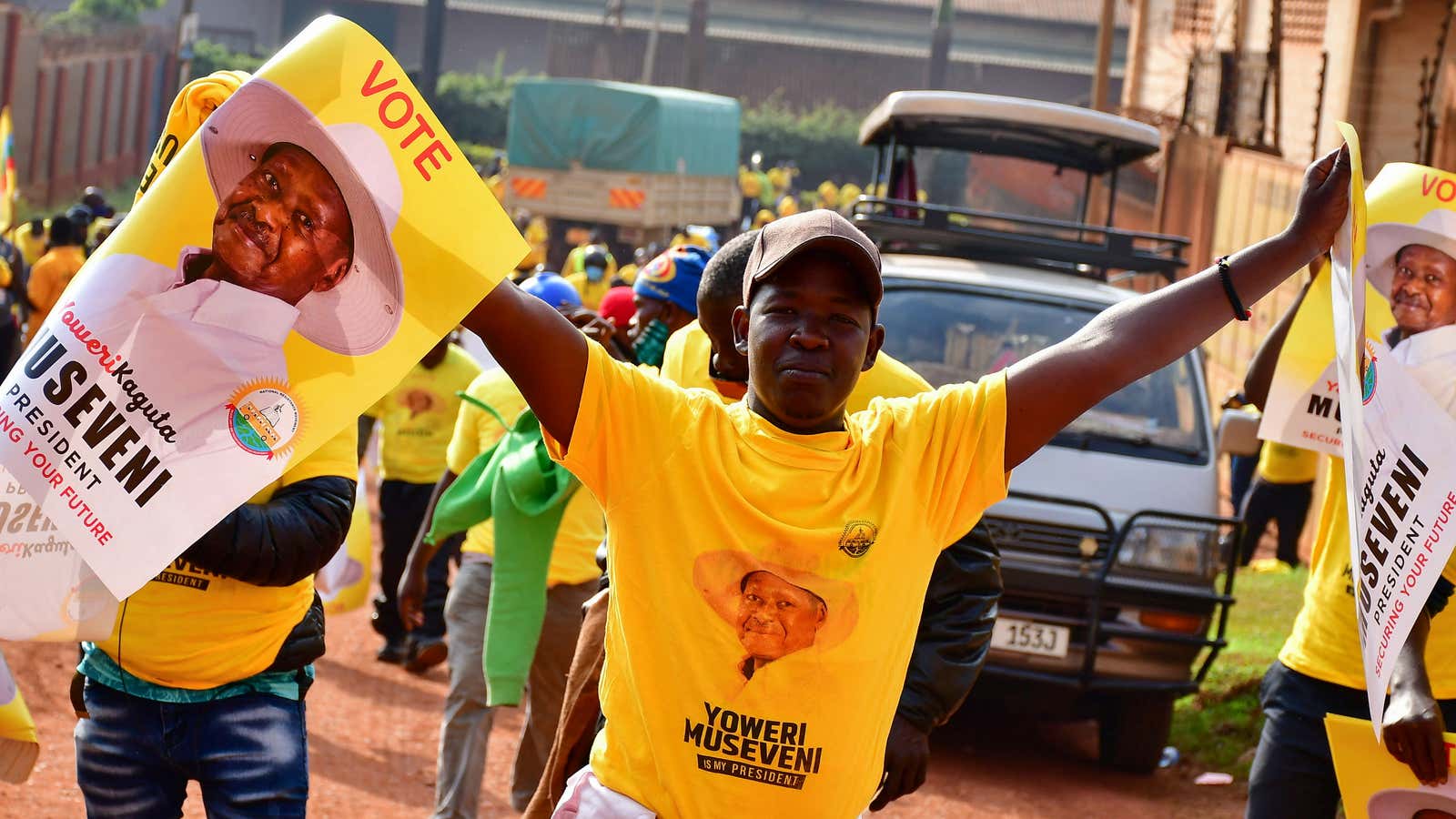 Supporters of Uganda’s president Yoweri Museveni celebrate Jan. 16, 2021.