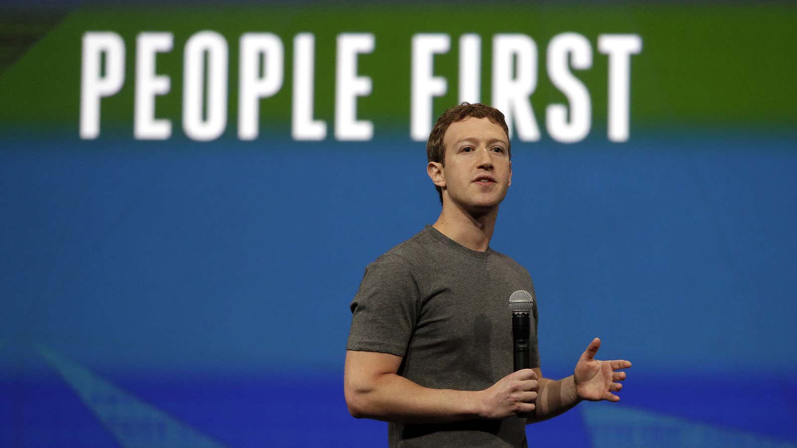 Facebook CEO Mark Zuckerberg gestures while delivering the keynote address at the f8 Facebook Developer Conference Wednesday, April 30, 2014, in San Francisco. (AP Photo/Ben…