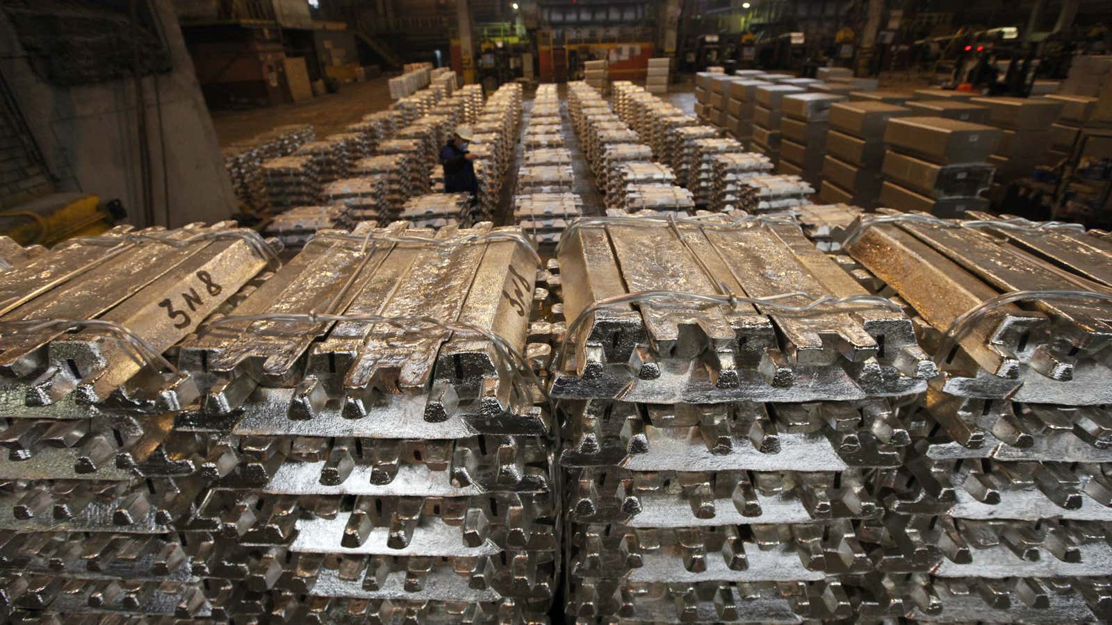 Aluminum bars in a Russian warehouse.
