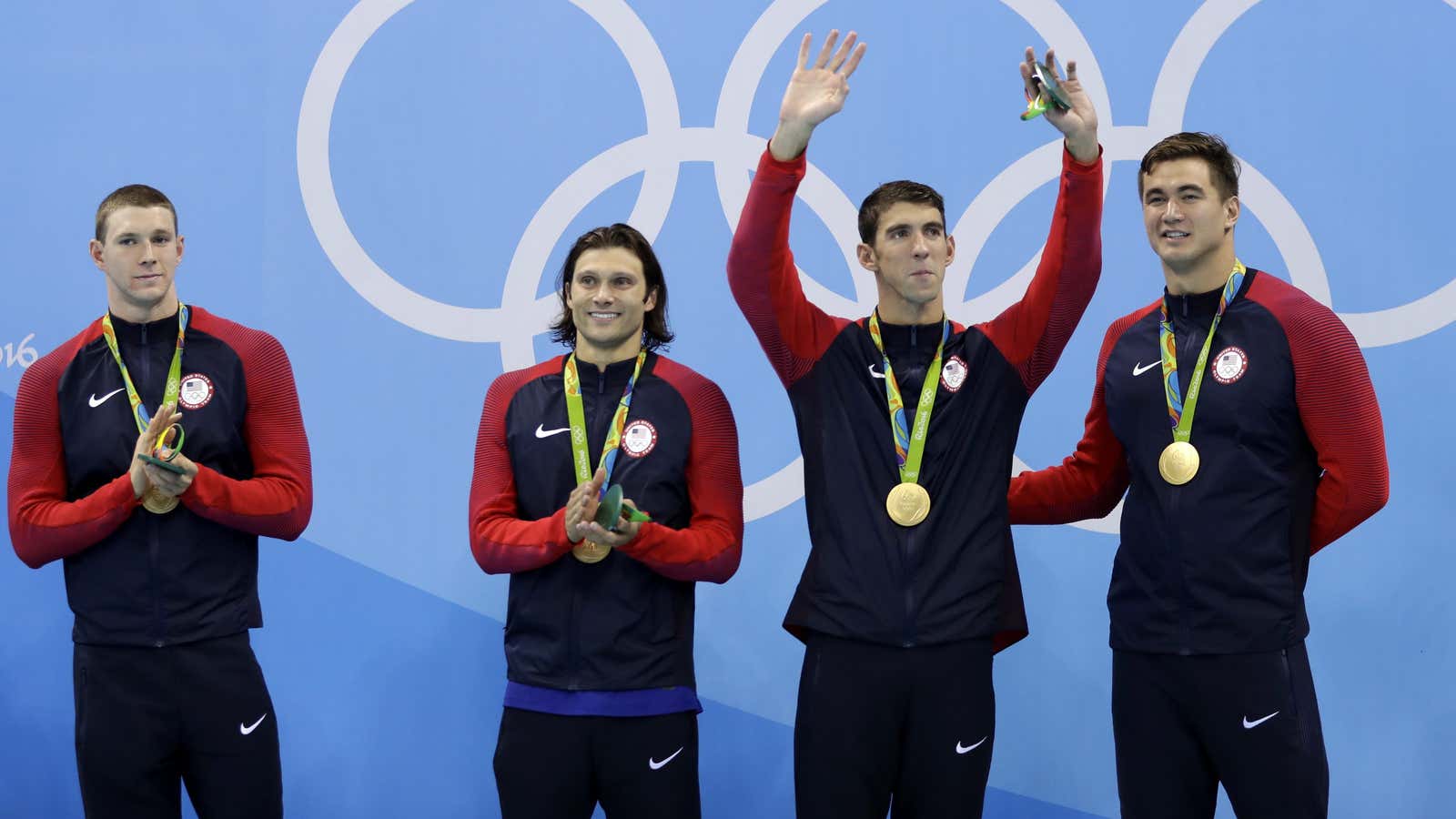 Michael Phelps in the offending sweat pants, part of the official Team USA uniform.