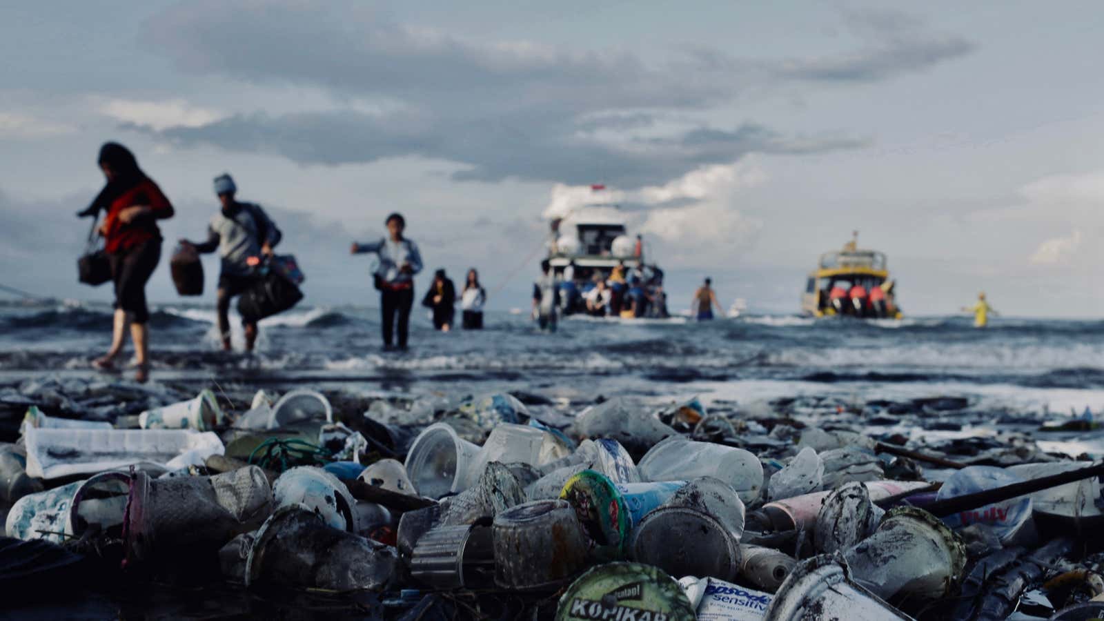 Plastic trash pollutes a beach in Indonesia.