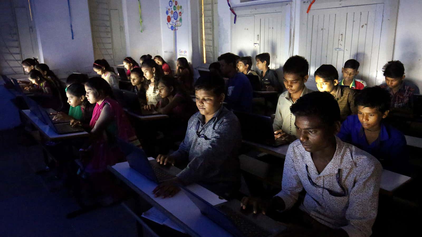A rare classroom scene in India.