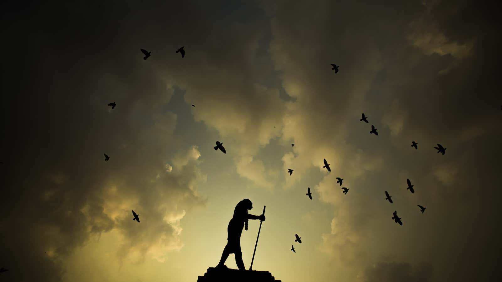 A statue of Mahatma Gandhi is silhouetted against the evening sky in Amritsar, India.