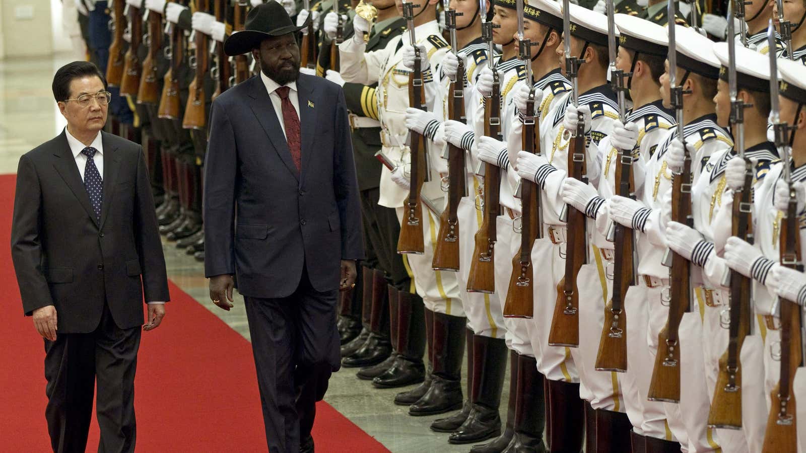 Here to learn. South Sudan’s president Salva Kiir, right. with then Chinese president Hu Jintao, left, in Beijing, China, April 2012.