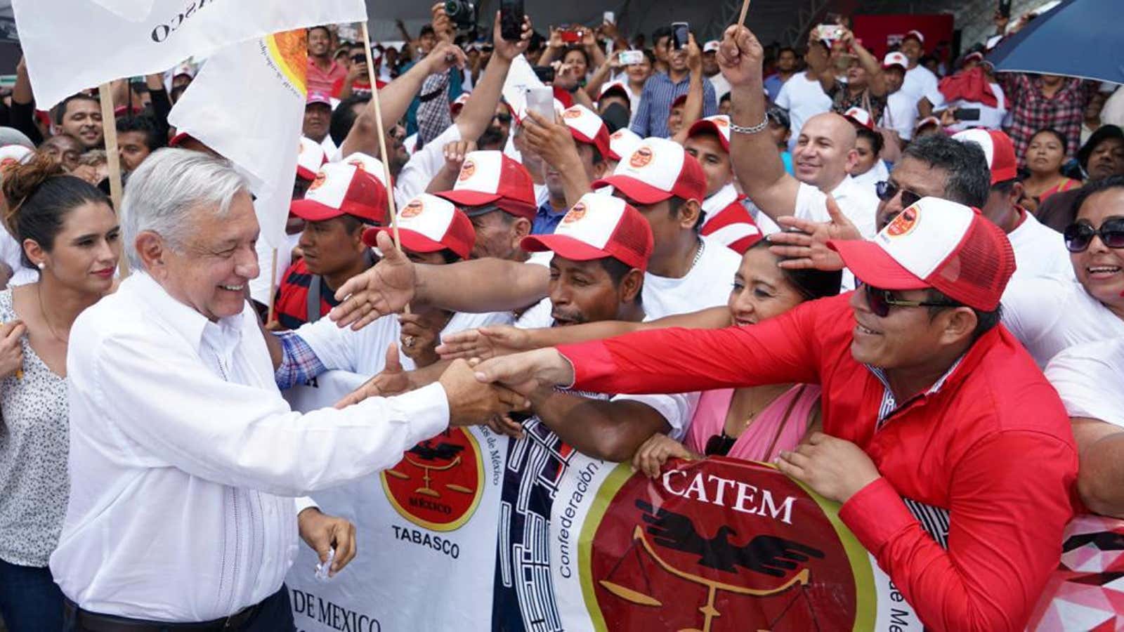 Lopez Obrador greeted supporters near the Dos Bocas refinery site in 2019.