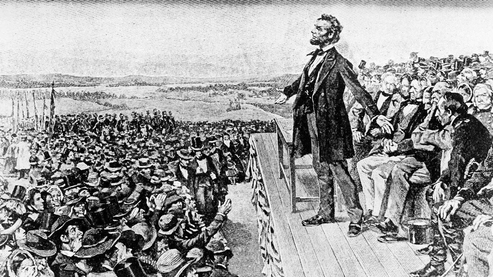 This undated illustration depicts President Abraham Lincoln making his Gettysburg Address at the dedication of the Gettysburg National Cemetery on the battlefield at Gettysburg, Pa.,…