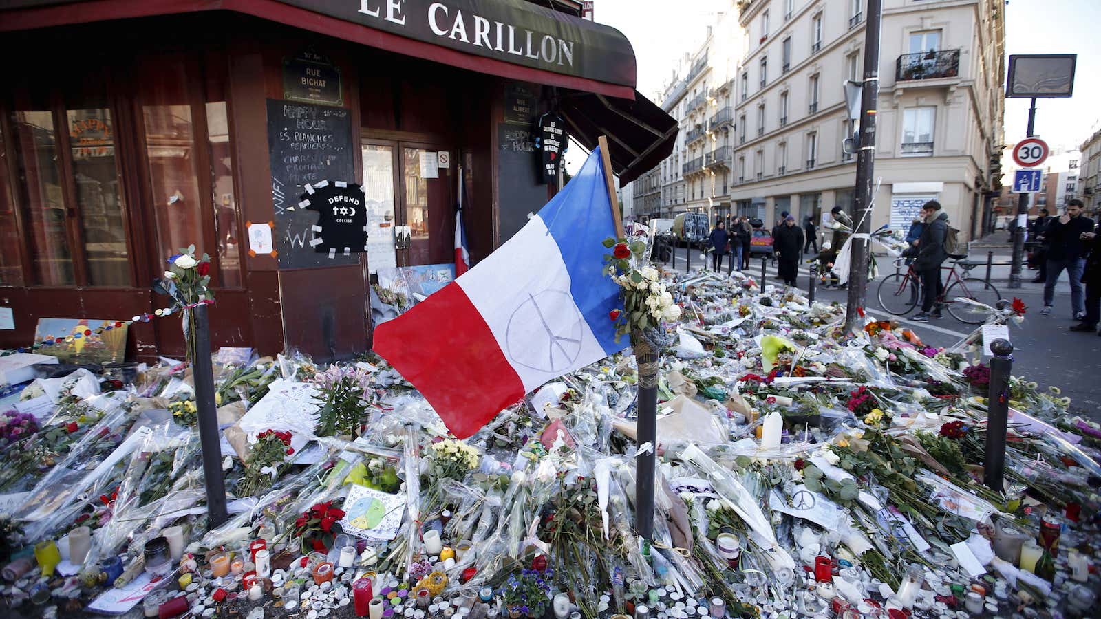 Outside “Le Carillon” restaurant a week after a series of deadly attacks in Paris.