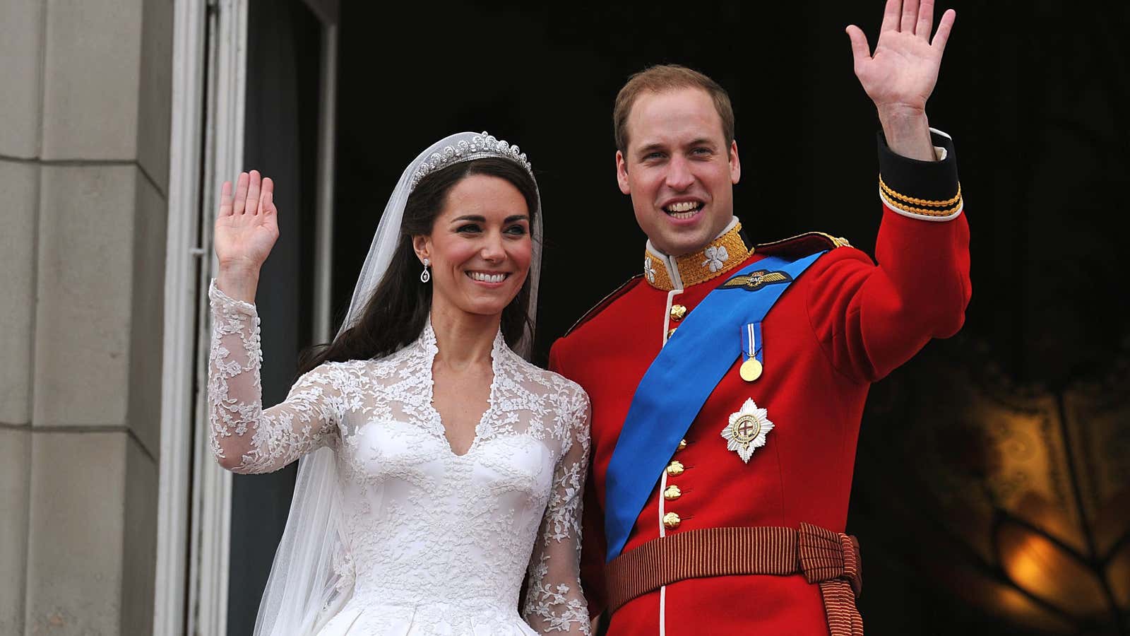 Catherine, Duchess of Cambridge, in her stunning Alexander McQueen dress, with Prince William.