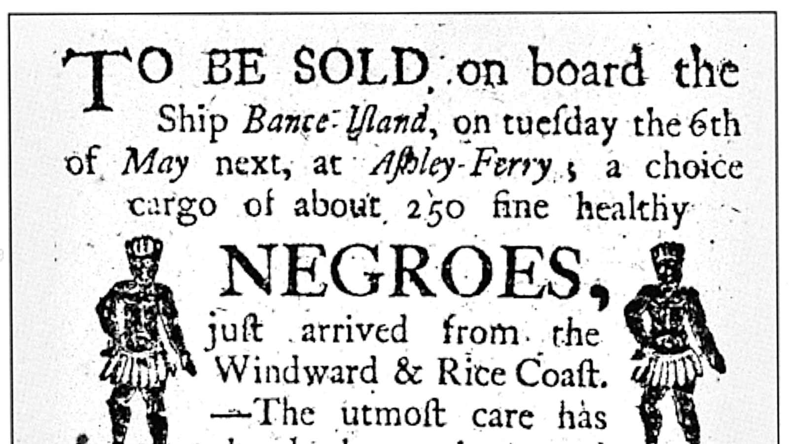 A circa 1780 newspaper advertisement by the slave-trading dealership of Austin, Laurens and Appleby.